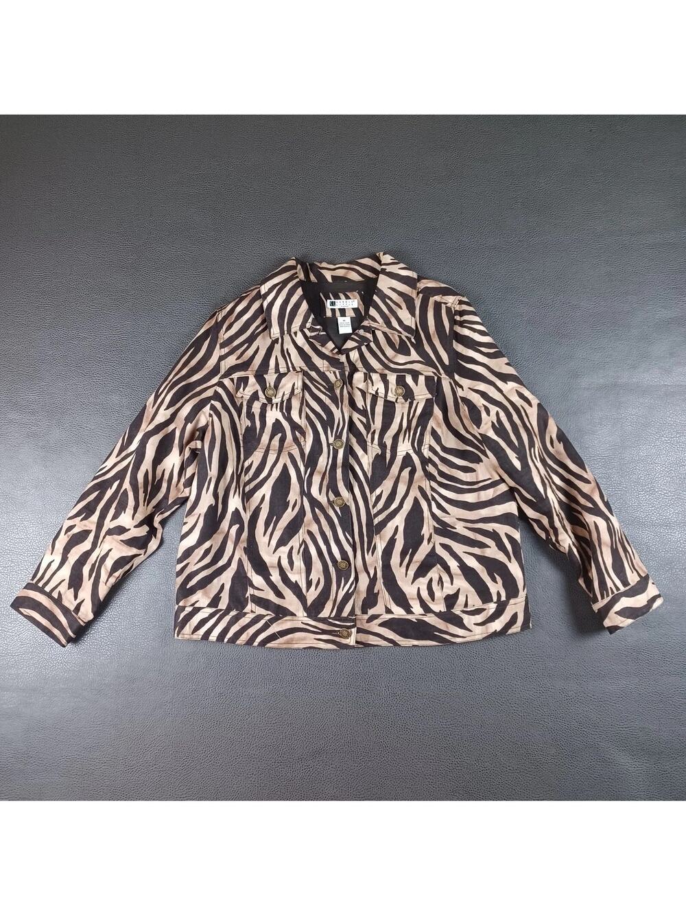 Carole Little 1X Jacket Linen Lightweight Zebra Animal Print Pockets Coastal